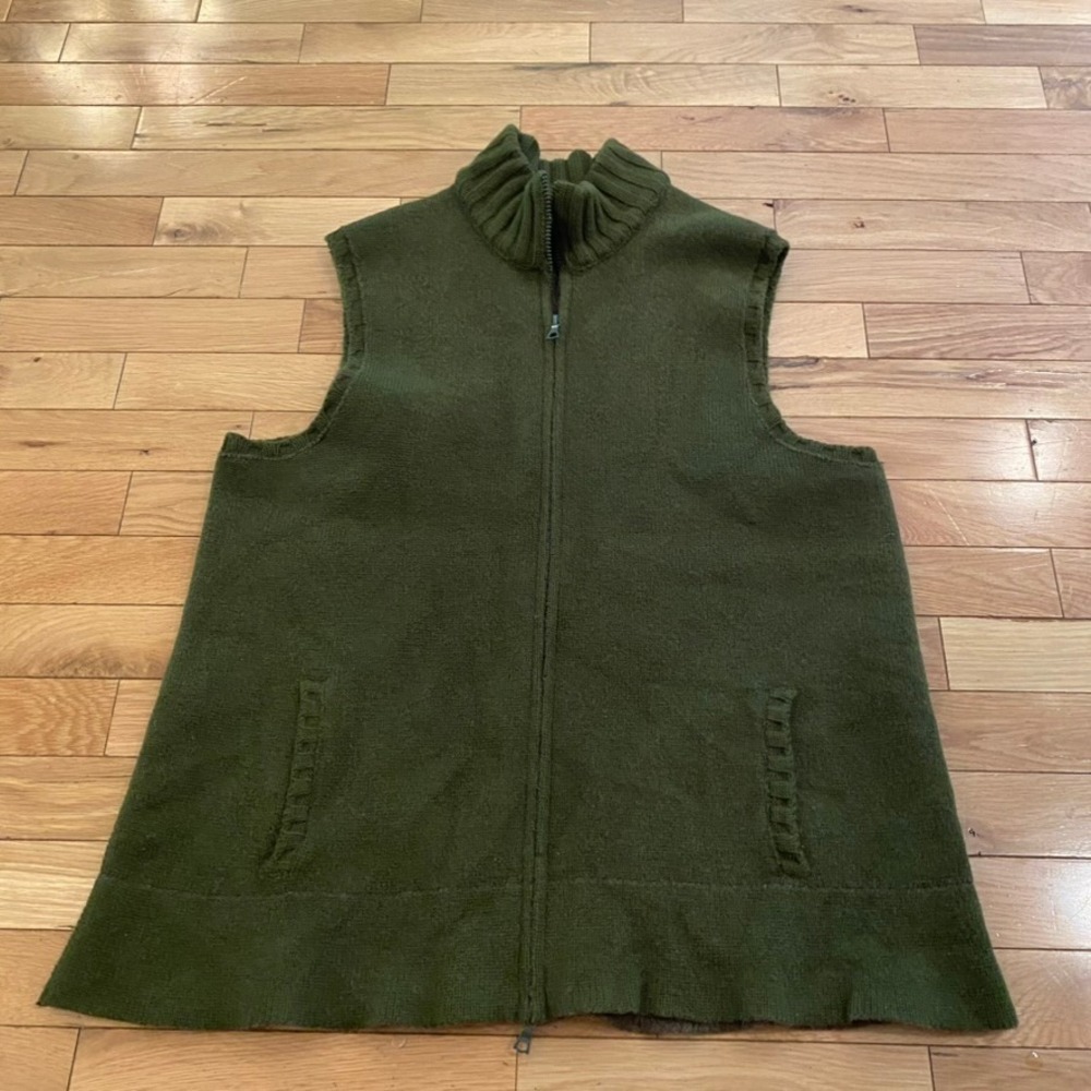 Country Shop Italy Mens XL Wool Blend Full Zip Vest Olive Green Ribbed Mock Neck